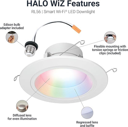 HALO 5/6" Smart Wi-Fi Recessed LED Light Powered by WiZ Pro, Dimmable Full Color w/ SpaceSense® Motion, Smart Home Ready - RL56069WZRGBWWHR
