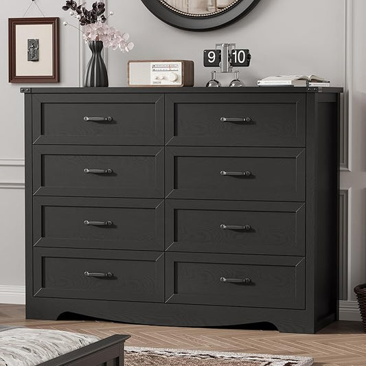 Dresser for Bedroom with 8 Drawers, 54" Wide Wood Chest of Drawers with Deep Drawers & Mental Handle, Modern Dresser TV Stand, Wooden Closet Storage Organizer for Living Room, Hallway, Entryway, Black