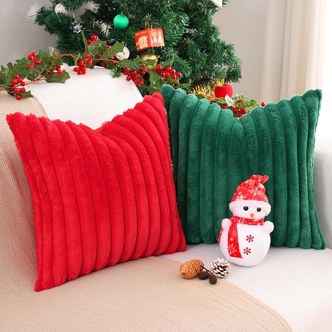 Pallene Faux Fur Plush Lumbar Christmas Throw Pillow Covers 12x20 Set of 2, Luxury Soft Fluffy Striped Decorative Pillow Covers for Sofa, Couch, Living Room, Red