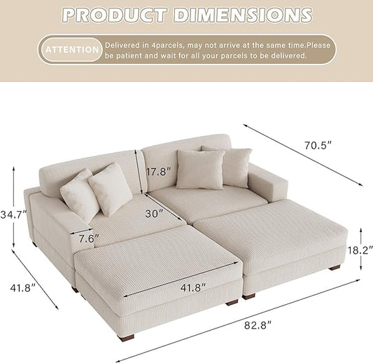 Modular Sectional Couches for Living Room, Modern Loveseat 2-Seater Sofa Couch with Ottoman, Upholstered Couches for Living Room Bedroom, Beige