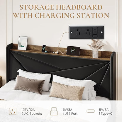 SHA CERLIN King Size Bed Frame with 3 Drawers, USB & Type-C Charging Ports, Velvet Upholstered Platform Bed with Modern Geometric Wingback Storage Headboard, No Box Spring Needed, Easy Assembly, Black