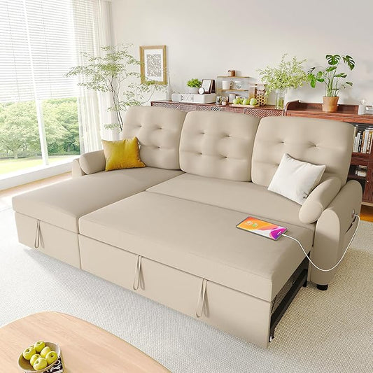 Ucloveria Sleeper Sofa Bed, 86" Convertible Sectional Sofa Couches for Living Room, Pull Out Couch Bed with Reversible Storage Chaise | USB Ports | Side Pockets | Removable Backrest