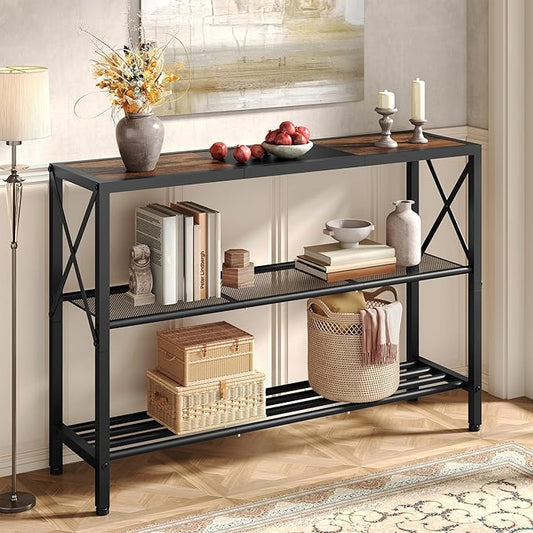 Hoctieon Industrial Console Table, 3 Tier Entryway Table, Hallway Table, Narrow Sofa Table with Shelves, Entrance Table for Entryway, Rustic Brown&Black