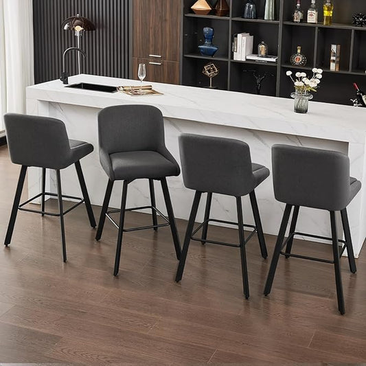 Swivel Counter Height Bar Stools Set of 4, 30''H Upholstered Barstools with Backs, Modern Bar Stool Chairs for Kitchen Island, Metal Legs, Fabric, Black Grey Stools Counter Chair
