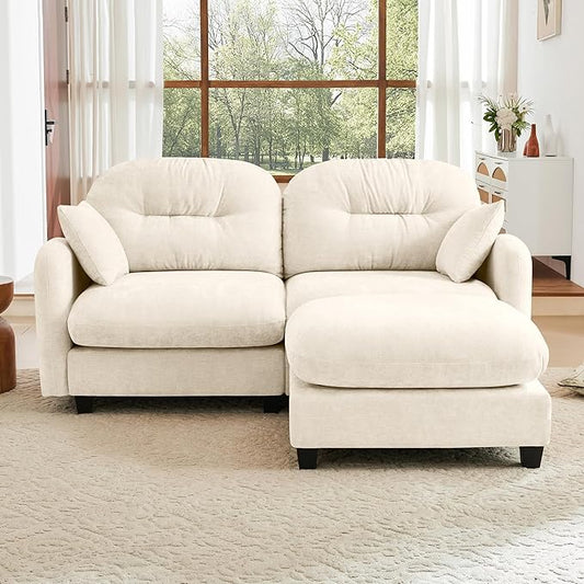 74" Loveseat L Shaped Sofa with Ottoman, Comfy Chenille Fabric Cloud Sectional Couch, Modern Upholstered Deep Seat Sofa with Armrest Pillow, Cloud Couch for Small Spaces Apartment, Beige