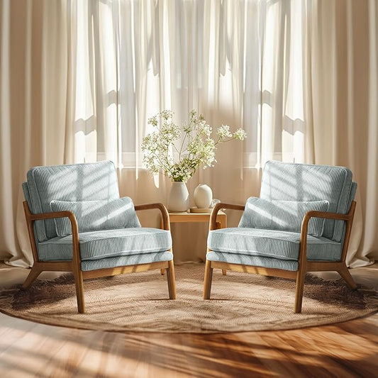 VINGLI Upgraded Premium Corduroy Accent Chairs Set of 2,Upholstered Arm Chair,Solid Wood Comfy Reading Chair with Pillow, Mid Century Modern Chairs for Living Room,Bedroom,Light Teal