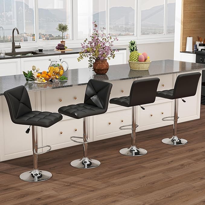 COSTWAY Bar Stools Set of 4, Modern PU Leather Swivel Bar Chairs, Height Adjustable Upholstered Barstools with Premium Gas Rod, Sturdy Footrest, Round Base, for Kitchen, Dining Room, Office, Black