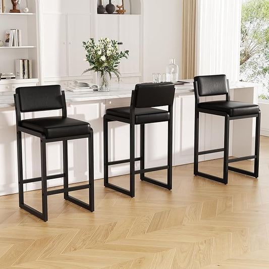 Bar Stools Set of 3, Faux Leather Counter Height Bar Stools with High Back and Metal Legs, Upholstered Bar Chairs, 26" Modern Barstools for Kitchen Island, Black