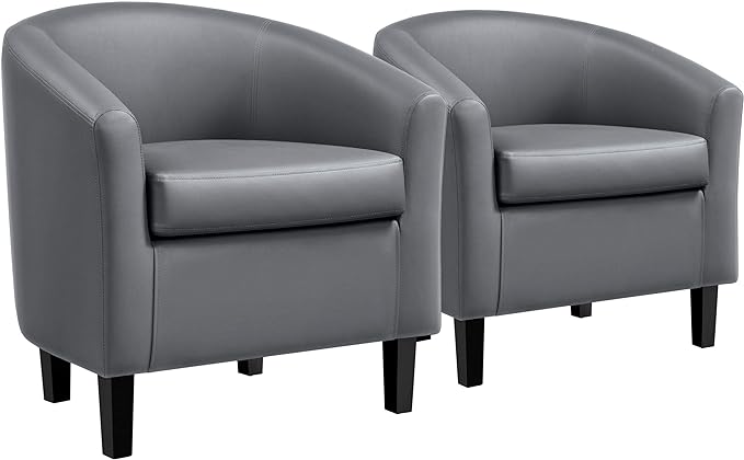 Yaheetech Barrel Chairs, Faux Leather Chairs, Modern Leather Club Chairs Comfy Gray Accent Chairs with Sturdy Wood Legs for Living Room/Bedroom/Reading Room/Waiting Room, Gray, Set of 2