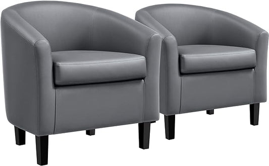 Yaheetech Barrel Chairs, Faux Leather Chairs, Modern Leather Club Chairs Comfy Gray Accent Chairs with Sturdy Wood Legs for Living Room/Bedroom/Reading Room/Waiting Room, Gray, Set of 2