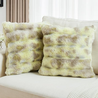 FUTEI Green White Decorative Throw Pillow Covers 18x18 Inch Set of 2,Soft Fuzzy Faux Rabbit Fur Cushion Covers with Raised Texture,Neutral Boho Home Decor for Couch Bed Living Room