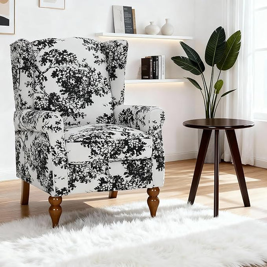 Modern High - Back Accent Chair and Side Table Set - Upholstered Wingback Armchair for Living Room, Bedroom,Office(Floral)