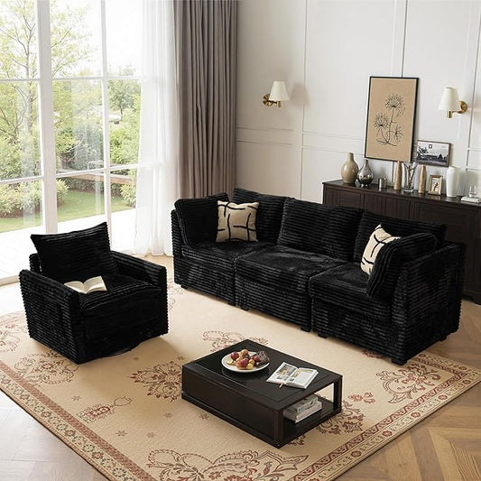 98" Modular Sectional Sofa Set with Swivel Chair, Modern Cloud Couch Plush Corduroy 3 Seater Deep Seat Sofas with Accent Armchair for Living Room Small Space, Black