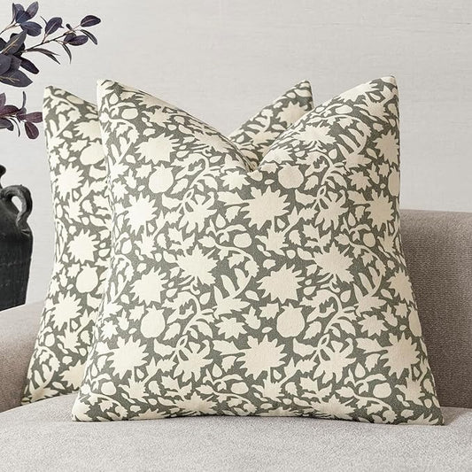 Foindtower Set of 2 Decorative Neutral Floral Throw Pillow Covers Accent Farmhouse Cushion Covers Boho Vintage Pillowcase for Couch Sofa Bedroom Living Room Home Decor,18×18 Inch,Sage Green