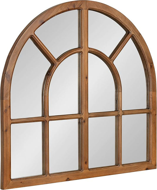 Kate and Laurel Boldmere Modern Farmhouse Wide Windowpane Arched Mirror; 30 x 29; Rustic Brown; Decorative Vintage Inspired Window Mirror for Farmhouse Wall Decor