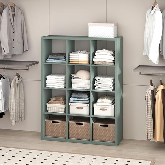 Furinno Cubic Closet Organizers and Storage, 12-Cube Closet Organizer, Open Shelf Closet Storage, Extra Thick Frame for Wardrobe, Bedroom, Living Room, Sage Green