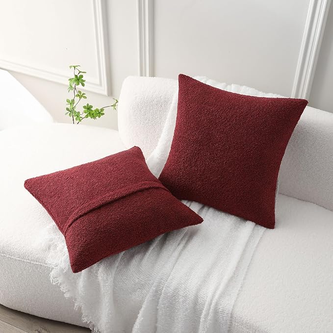 FUTEI Pack of 2 Burgundy Decorative Throw Pillow Covers 20x20 Inch Soft Cozy Solid Boucle Textured Cushion Case,Modern Home Decor for Couch Bed Living Room