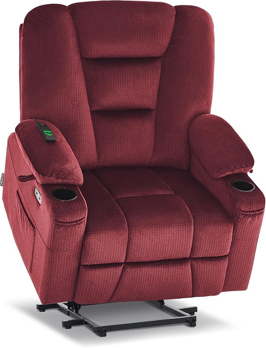 MCombo Oversized Power Lift Recliner Chair Sofa with Massage and Heat for Elderly People Petite, USB Ports, Side Pockets, Fabric R7561 (Burgundy, Small-Oversize)