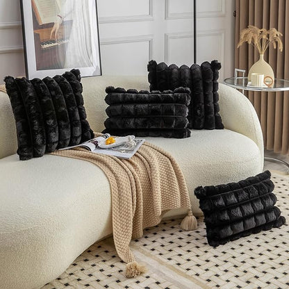 Neelvin Black Faux Fur Cozy Soft Plaid Decorative Throw Pillow Covers 24x24 inch Set of 2,Velvet Pillowcase Cushion Case for Sofa Couch