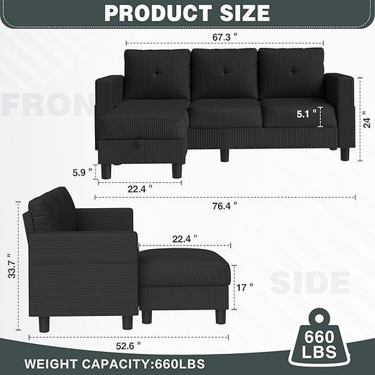 JY QAQA Convertible Sectional Sofa Couch with 3-Seat Sofa, L-Shaped Ottoman Couch with Modern Linen Fabric for Small Living Room, Apartment and Small Space(Black)