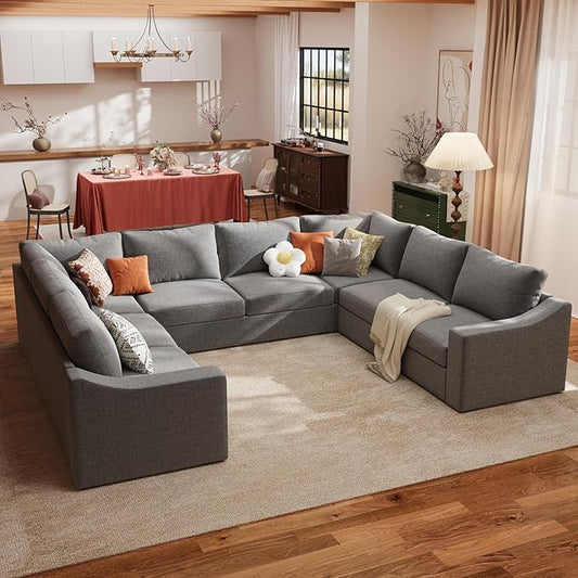 ABCASA Oversized 136" Modular Sectional Sofa, Deep Seat U Shaped Couches for Living Room, Breathable Linen Fabric Corner Couch, Easy to Assemble, Grey