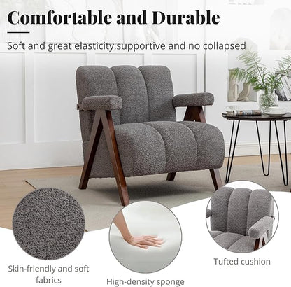 Mid Century Modern Accent Chair with Solid Wood Frame, Boucle Upholstered Living Room Chairs with Thick Cushion, Comfy Tufted Arm Chair for Bedroom, Grey