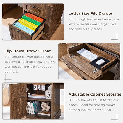 OKD 60" Executive Desk with Hutch and Drawers, Farmhouse Home Office Desk with Charging Station, Keyboard Tray, File Cabinet Storage, Wood Computer Desk for Work and Study, Reclaimed Barnwood