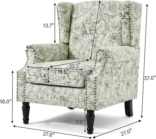 UIXE High Back Accent Chair, Fabric Upholstered Armchair for Living Room, Floral Printed Wingback Arm Chair with Solid Wood Legs, Retro Nailhead Trim Single Sofa Bedroom Reading Seat - Rococo Green