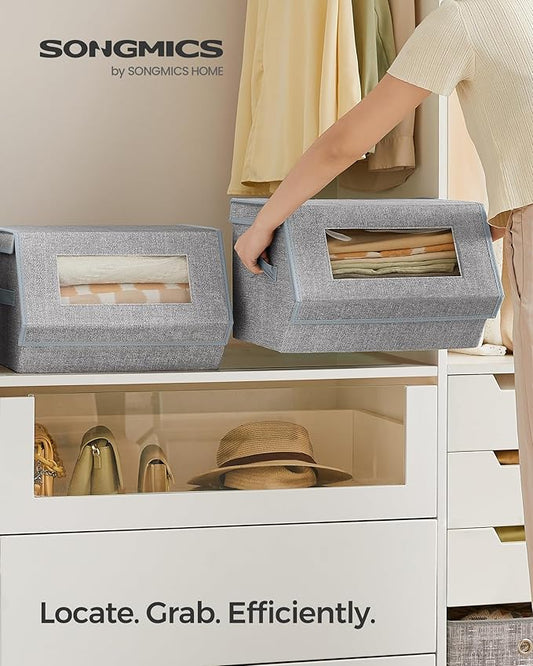 SONGMICS Stackable Storage Bins Set of 2, Storage Boxes with Lids and Front Windows, Non-Woven Fabric Closet Organizers with Magnetic Closures, Side Handles, Dove Gray URLB002W01