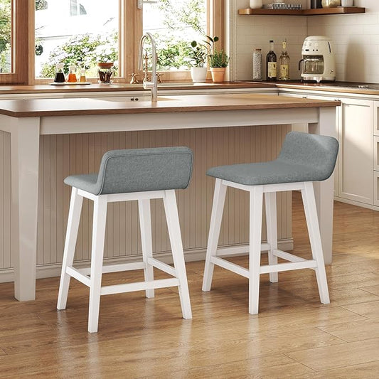 COSTWAY Wooden Counter Stools Set of 2, 24-inch Height Upholstered Padded Seat, Low Backrest, Footrest, Rubber Wood Legs, Armless Barstools for Kitchen Island, Dining Room, White+Gray