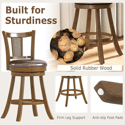 COSTWAY Counter Height Barstools Set of 2, 25” Solid Rubber Wood Swivel Counter Chairs with Faux Leather Seat, Curved PE Rattan Back, for Living Room & Kitchen Island, Brown (2, 25” Seat Height)
