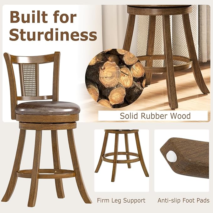 COSTWAY Counter Height Barstools Set of 4, 25” Solid Rubber Wood Swivel Counter Chairs with Faux Leather Seat, Curved PE Rattan Back, for Living Room & Kitchen Island, Brown (4, 25” Seat Height)