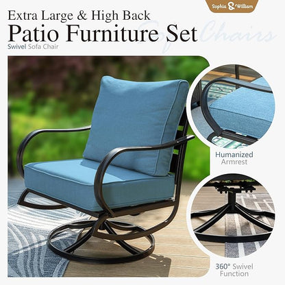 Sophia & William Patio Furniture Sets 5 Seats Outdoor Metal Conversation Sets 4 Pcs with 2 x Cushioned Swivel Sofa Chairs,1 x 3-Seat Sofa, 1x Marbling Metal Coffee Table Lawn Backyard Poolside Navy