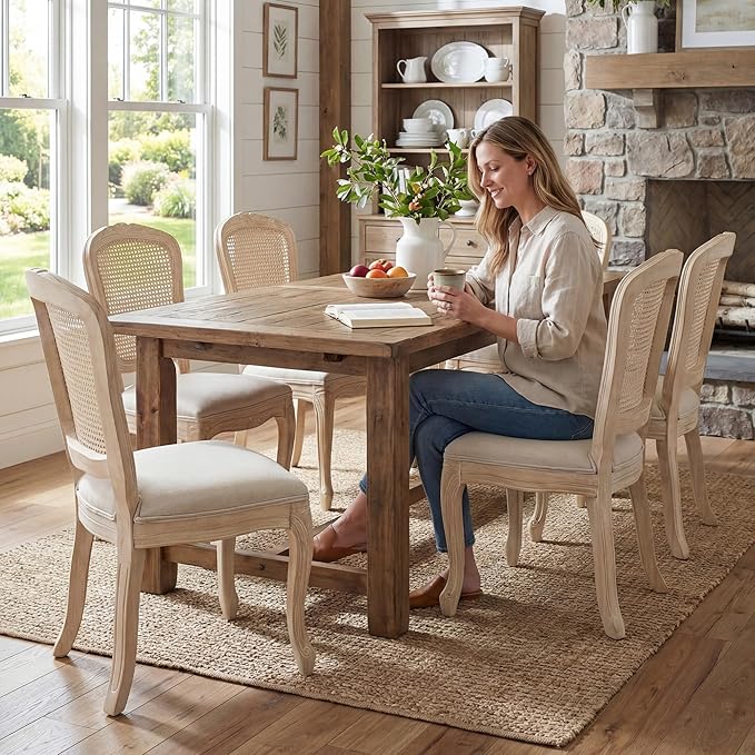 Wicker Dining Chairs Set of 4, Upholstered Linen Fabric Dining Room Chairs with Square High Rattan Back Farmhouse French Kitchen Chairs for Dining Table/Living Room/Restaurant, White