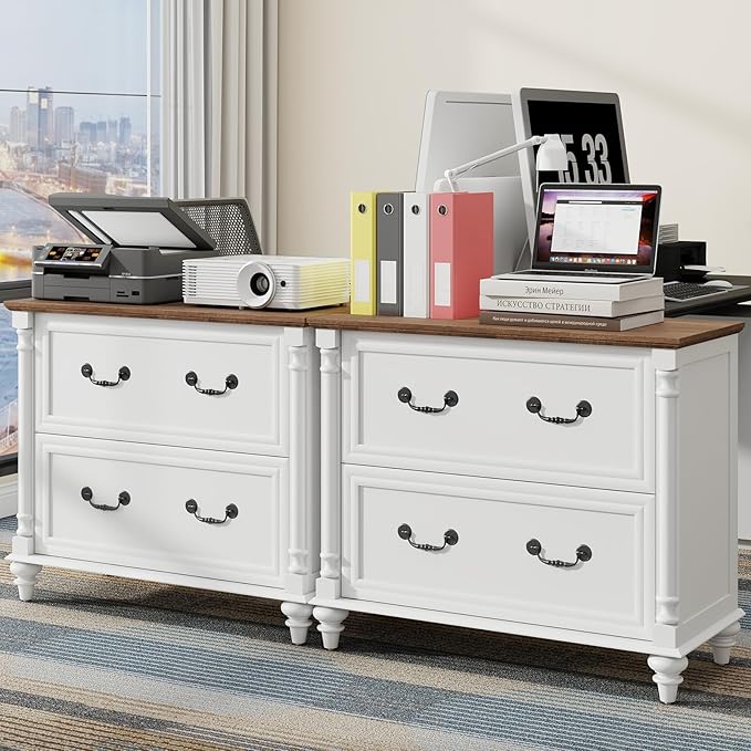 Lateral File Cabinet 2 Drawers Farmhouse File Cabinet for Letter/A4/Legal Size Hanging Files, Large Rustic White File Storage Cabinets Printer Stand with 4 Solid Wood Feet &Column Decor for Office