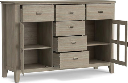 SIMPLIHOME Artisan Buffet - 54 inch Wide Solid Wood 3-Door Sideboard Buffet in Distressed Grey, Transitional Storage Cabinet for Dining Room or Kitchen with Adjustable Shelves and Bronze Hardware