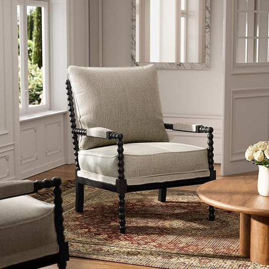 Morden Fort Linen Fabric Spindle Accent Chair with Wood Frame, French Style Accent Chairs with Padded Spring Seat and Armrest Pads, Brushed Base for Living Room Bedroom Farmhouse Office Balcony