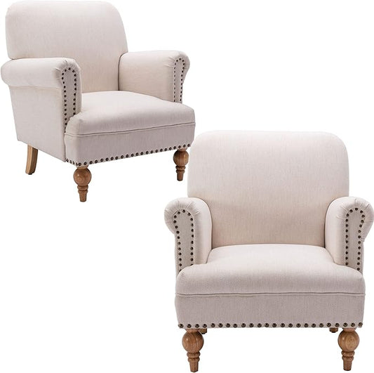 Modern Linen Accent Chairs Set of 2 Comfy Reading Chairs Upholstered Lounge Chair Single Sofa Couch for Bedroom/Living Room, Cream