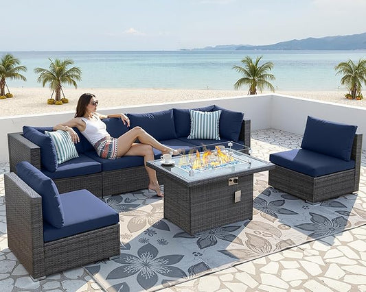 NICESOUL 29.3'' High-Back Outdoor Patio Conversation Set with Fire Pit Table Gas Propane Dual-Fuel, 7 Pcs Oversized Deep & Wide Seated Wicker Sectional Sofa Furniture Set with Firepit, Navy Blue