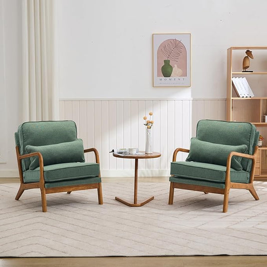 Mid-Century Accent Chair Set of 2,Linen Fabric Lounge Chair with Wide Armrest,Linen Fabric Armchair withLumbar Pillow & Solid Wood Frame for Living Room, Bedroom, Balcony(Green)