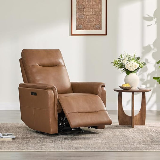 Watson & Whitely Genuine Leather Power Recliner Chairs W Power Headrest for Adults, Swivel Glider Recliner Chair W Charging Ports for Living Room, Saddle