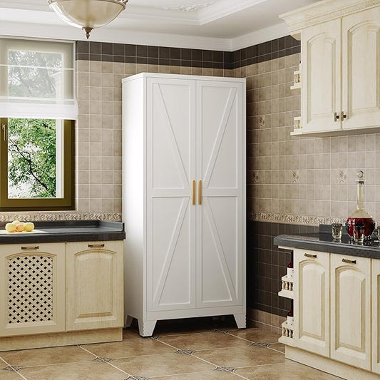 Large Metal Kitchen Pantry Storage Cabinet with Adjustable Shelves - Freestanding Kitchen Storage Cabinet for Dining Room,Livingroom Bathroom, Hallway, Workshop, Office (White, 71"- 0 drawer)
