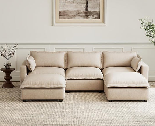 chairus 97" Modular Sectional Sofa with 2 Moveable Ottoman Upholstered Deep Seat Linen Couch Set with Soft Pillows U Shaped Sofa Couch for Living Room, Apartment, Reception Room, 3-Seater/Oatmeal