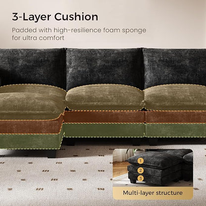 KKL Modular Sectional Sofa, J-Shaped 5 Seater Convertible L-Shaped Cloud Couch with Ottoman, Chenille Modern Sectional Couches for Living Room, Apartment Black