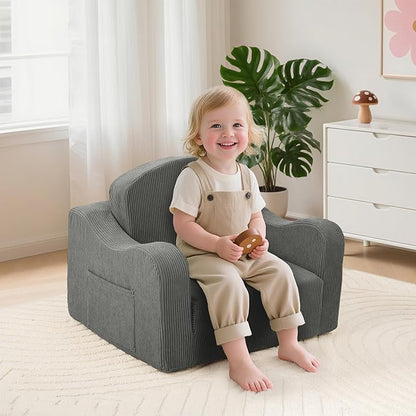 Comfy Toddler Chair for Kids, 2-in-1 Toddler Soft Plush Couch Fold Out, Convertible Kids Couch to Lounger, Baby Sofa for Boys and Girls,Grey