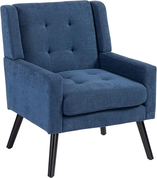 Mid-Century Modern Accent Chair, Plush Linen Fabric with Button Tufted High Back & 5" Thick Cushion, High Comfort Reading Chair for Living Room, Bedroom, Office (Blue)