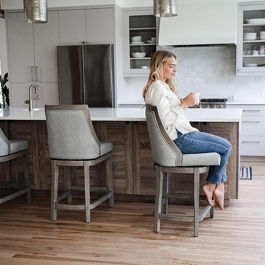 Maven Lane Vienna Counter Stools 26 Inches – Set of 3 – Swivel Stools with Footrests – Grey Solid Wood and Grey Fabric Upholstery – Ideal for Kitchen Islands and Counters