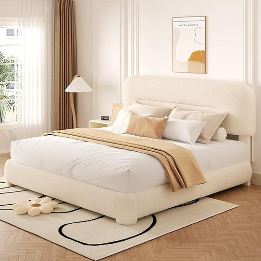 King Size Cloud Bed Frame, Upholstered Boucle Platform Bed with Adjustable Headboard, Anti-Collision Soft Rounded Corners, Noise Free, Easy Assembly, Cream