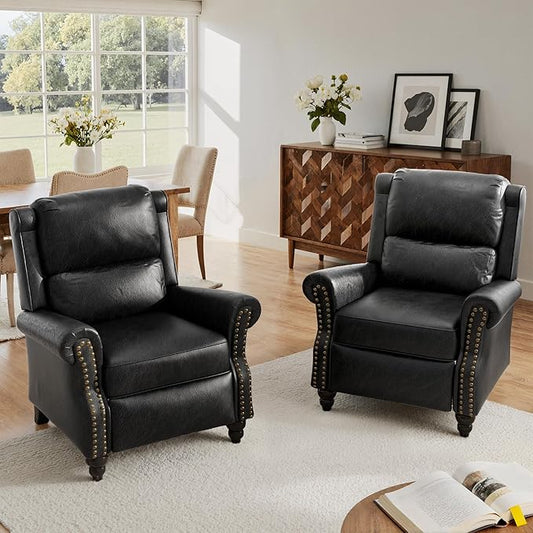 Lumibee Pushback Recliner Chair,Upholstered Wingback Chair for Small Spaces,2 Set of PU Leather Armchair for Living Room,Single Sofa Accent Chair Reading Seat for Balcony,Bedroom-Black