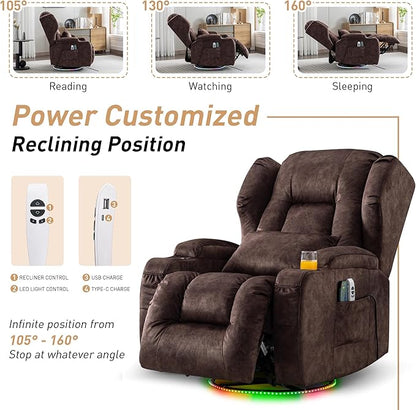 Power Swivel Rocker Recliner Chairs, Electric Wall Hugger Reclining Sofa with Massage & Heat, Comfy Theater Seating Single Sofa with LED Light/USB/Type-C Ports (Velvet Brown, Single Chair)